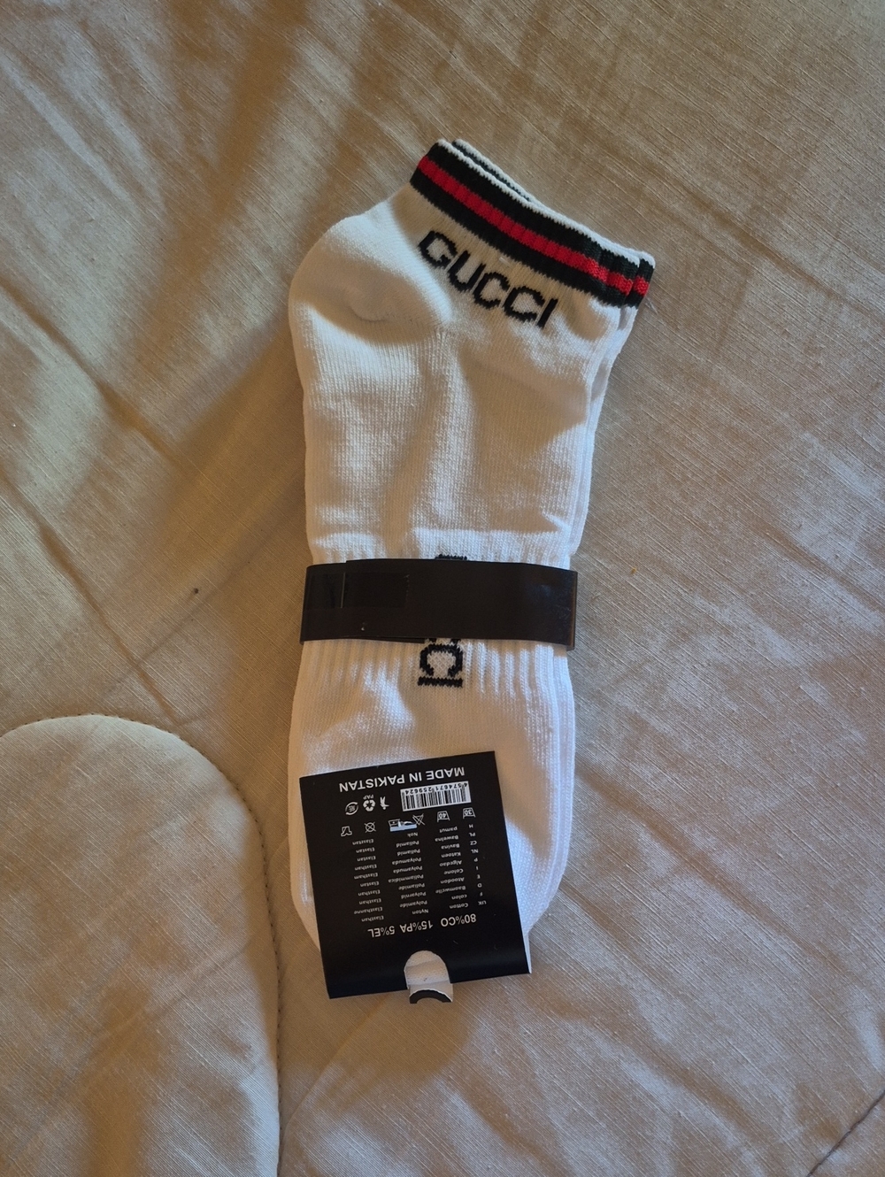 Gucci White Ankle Socks with Black and Red Striped Cuff